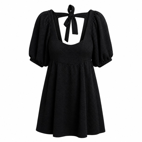 Free People Dresses & Skirts - Free People Violet Mini Dress‎ Black Textured Puff Sleeve Open Back Tie Size S